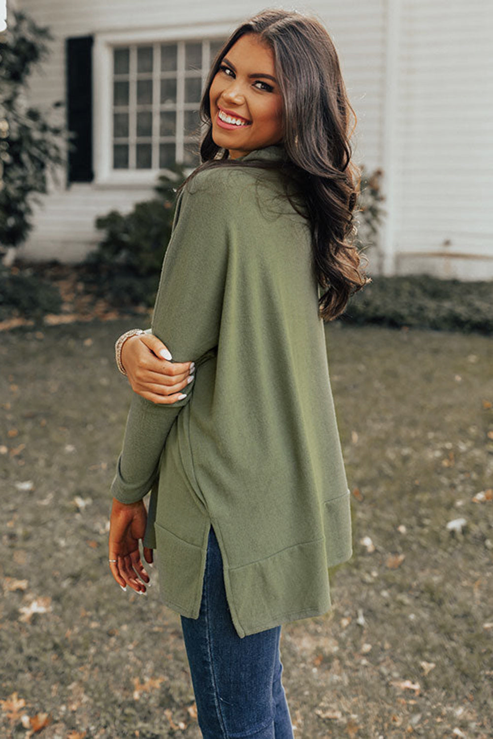 Side Slit High-Low Cowl Neck Long Sleeve Blouse