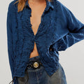 Frill Ruched Collared Neck Long Sleeve Shirt