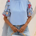 Perfee Embroidered Mock Neck Puff Sleeve Blouse