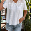 Perfee Swiss Dot Tie Neck Short Sleeve Blouse