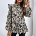 Ruffled Leopard Mock Neck Long Sleeve Blouse