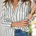 Pocketed Striped Collared Neck Long Sleeve Shirt