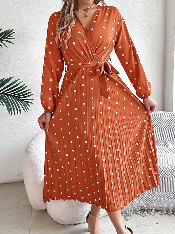 Front Tie Polka Dot Midi Pleated Dress
