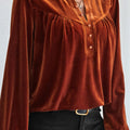 Notched Long Sleeve Velvet Top
