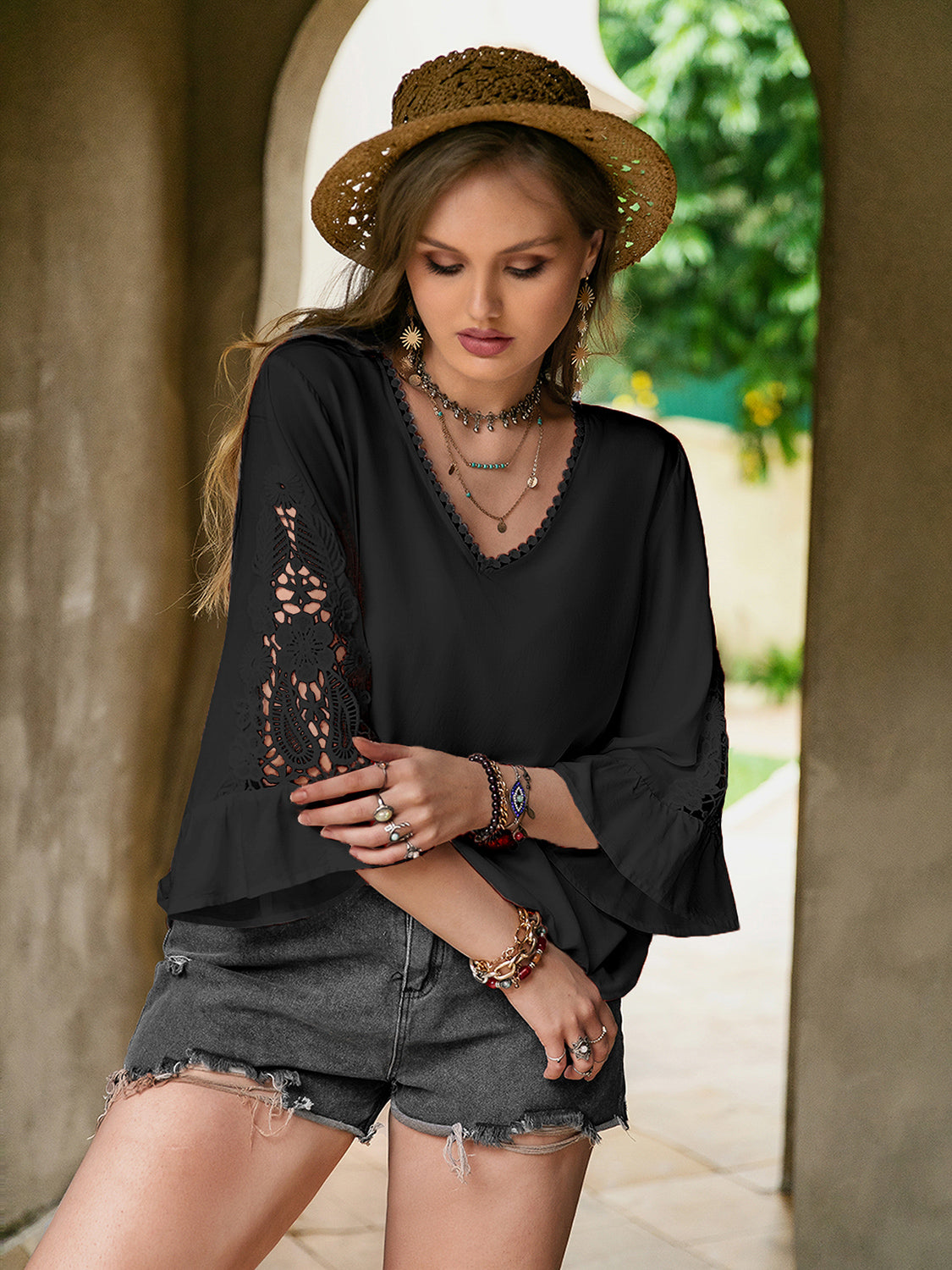Plus Size Flower Crochet Flare Sleeve Top