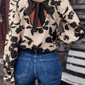 Bow Back Printed Round Neck Flounce Sleeve Blouse