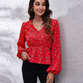 Floral V-Neck Balloon Sleeve Peplum Blouse