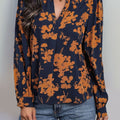 Perfee Printed Notched Long Sleeve Blouse