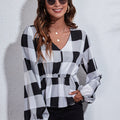 Ruched Printed V-Neck Long Sleeve Blouse