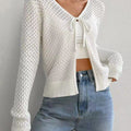 Tied Openwork V-Neck Long Sleeve Cardigan