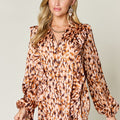 Double Take Full Size Printed Ruffle Trim Balloon Sleeve Shirt