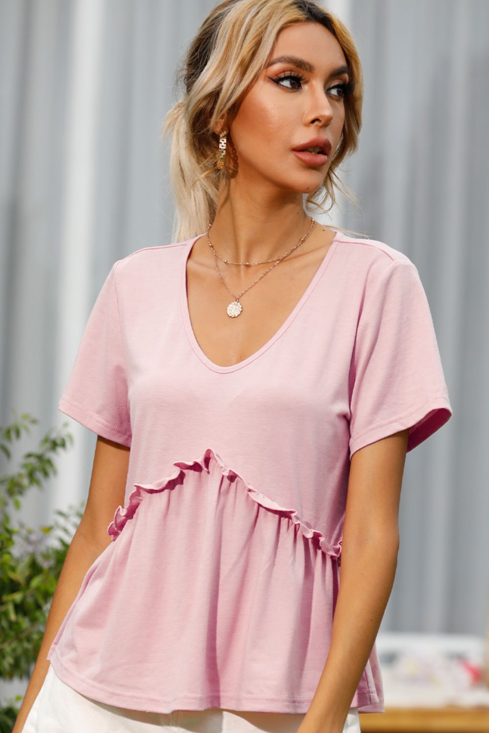Shiny Frill Trim Short Sleeve Tee