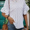 Perfee Slit Polka Dot Round Neck Half Sleeve Blouse