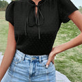 Frill Swiss Dot Tie Neck Short Sleeve Blouse
