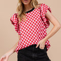Oh Checkered Round Neck Puff Sleeve Blouse