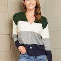Woven Right Color Block V-Neck Button Down Cardigan