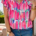 Ruffled Printed Notched Cap Sleeve Blouse