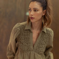 Annie Wear Smocked Front Long Sleeve Babydoll Blouse