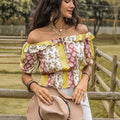 Ruffled Printed Off-Shoulder Short Sleeve Blouse