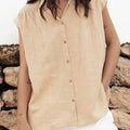 Perfee Button Up Collared Neck Cap Sleeve Shirt