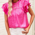 Leopard Frill Mock Neck Ruffled Cap Sleeve Top