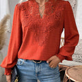 Swiss Dot Lace Detail Notched Long Sleeve Blouse