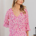 Sew In Love Full Size Floral V-Neck Flounce Sleeve Top