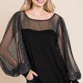 Super Lady Full Size Metallic Mesh Lantern Sleeve Blouse