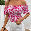 Perfee Peplum Printed Off-Shoulder Short Sleeve Blouse