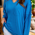 Exposed Seam Notched Long Sleeve Blouse