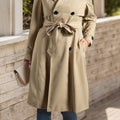 Collared Neck Tie Waist Buttoned Long Sleeve Trench Coat