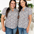 Ruched Printed Notched Short Sleeve Blouse