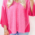 Exposed Seam V-Neck Three-Quarter Sleeve Blouse