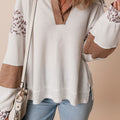 Waffle-Knit Leopard Johnny Collar Long Sleeve Top