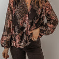 Printed Surplice Long Sleeve Blouse