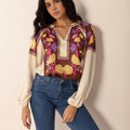 Printed Notched Long Sleeve Blouse