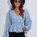 Floral V-Neck Balloon Sleeve Peplum Blouse