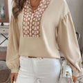 Perfee Printed Notched Long Sleeve Blouse