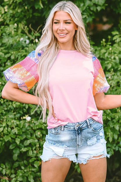 Sequin Round Neck Short Sleeve Blouse