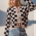 Double Take Full Size Checkered Tie Front Long Sleeve Cardigan