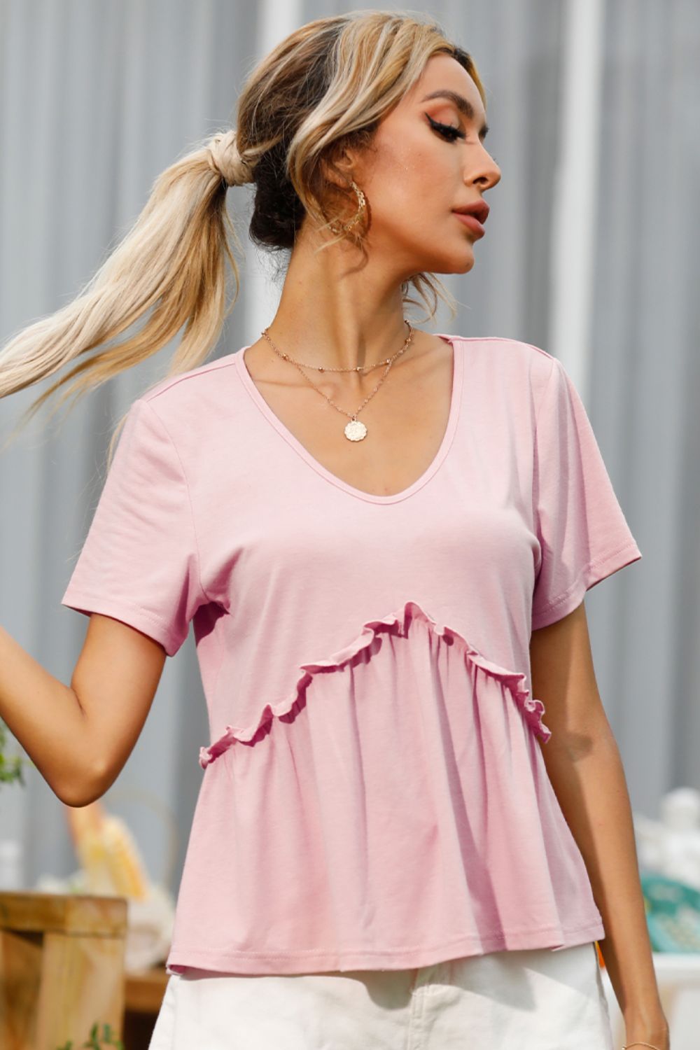 Shiny Frill Trim Short Sleeve Tee