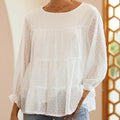 Full Size Swiss Dot Ruffled Round Neck Long Sleeve Blouse