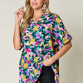 Double Take Full Size Printed V-Neck Short Sleeve Side Slit Top