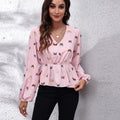 Butterfly V-Neck Balloon Sleeve Peplum Blouse
