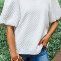 Textured Round Neck Puff Sleeve Blouse