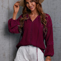 Crochet Tassel Tie Neck Long Sleeve Blouse