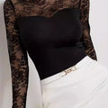 Lace Patchwork Mock Neck Long Sleeve Blouse