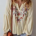 Embroidered Notched Long Sleeve Blouse