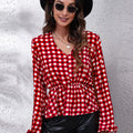 Plaid V-Neck Balloon Sleeve Peplum Blouse