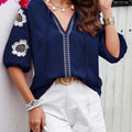 Embroidered Tie Neck Puff Sleeve Blouse